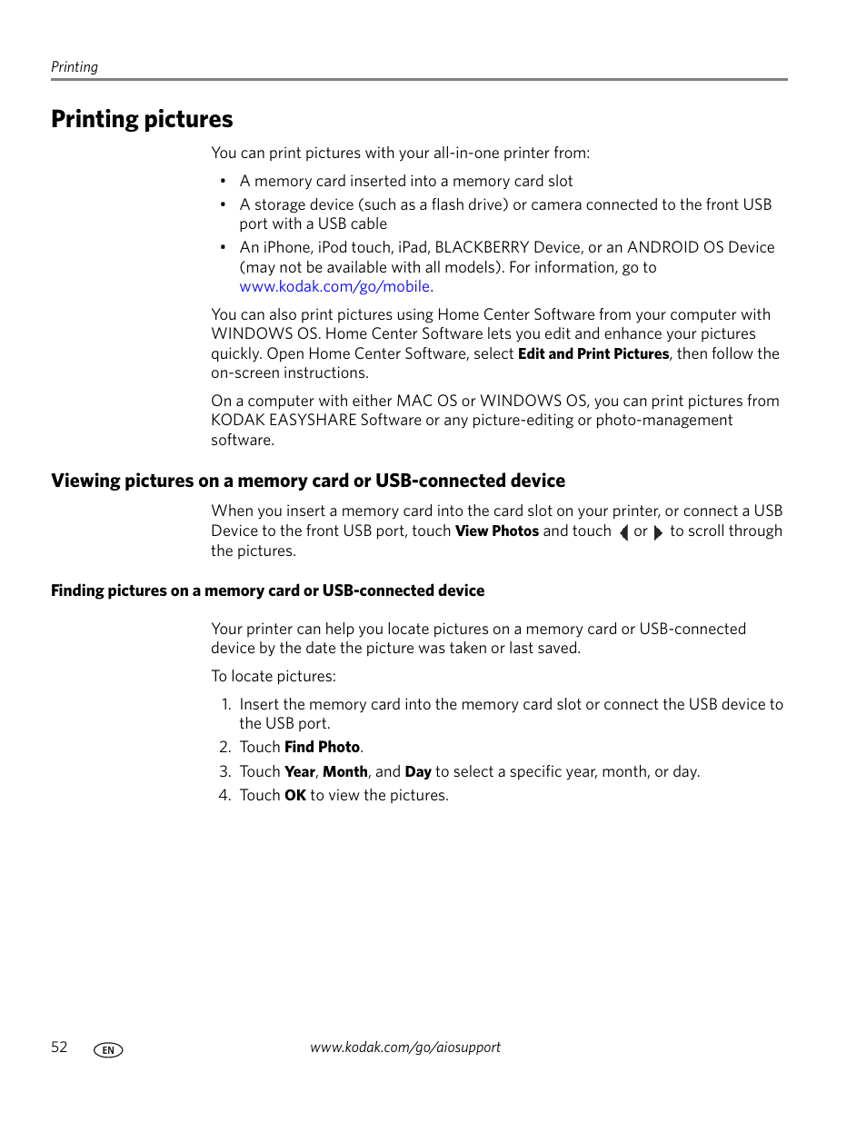 Printing pictures | Kodak HERO 7.1 User Manual | Page 58 / 127