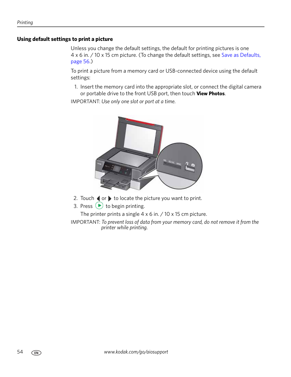 Using default settings to print a picture | Kodak HERO 7.1 User Manual | Page 60 / 127