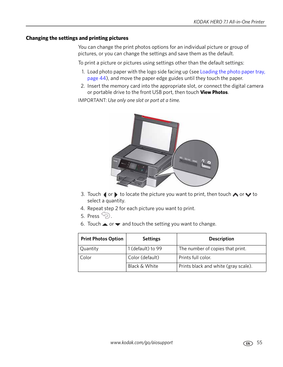 Changing the settings and printing pictures | Kodak HERO 7.1 User Manual | Page 61 / 127