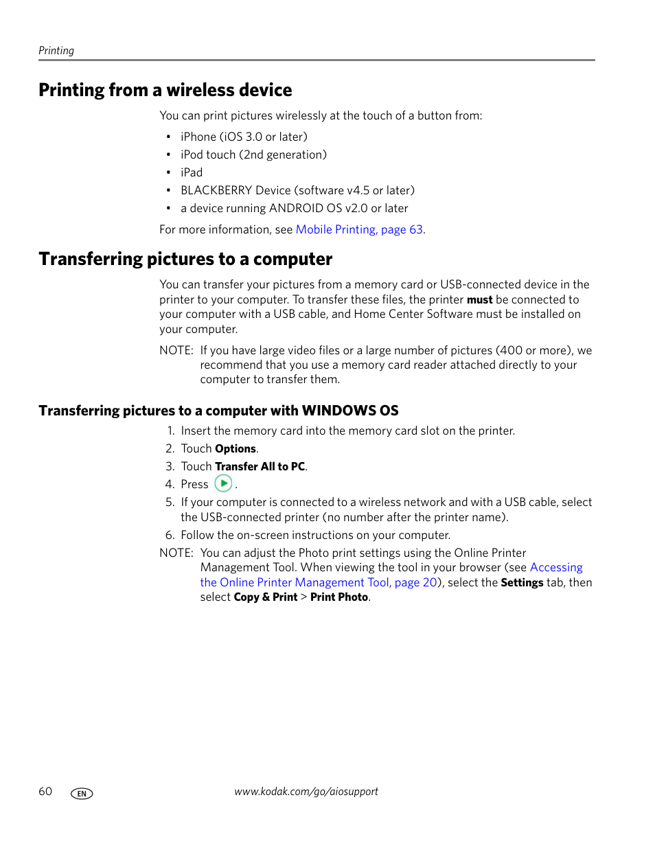 Printing from a wireless device, Transferring pictures to a computer | Kodak HERO 7.1 User Manual | Page 66 / 127