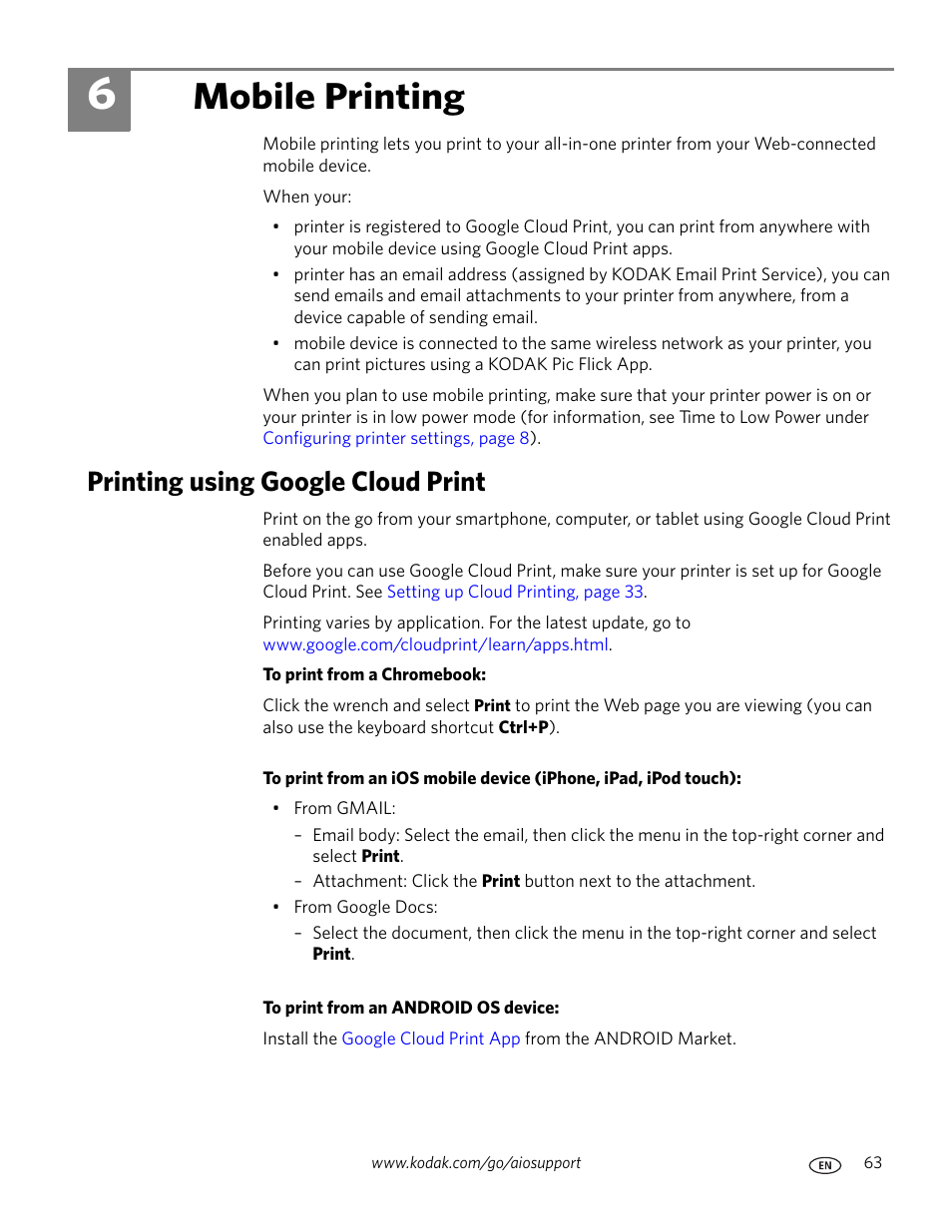 Mobile printing, Printing using google cloud print, 6 mobile printing | Ion about printing, see | Kodak HERO 7.1 User Manual | Page 69 / 127