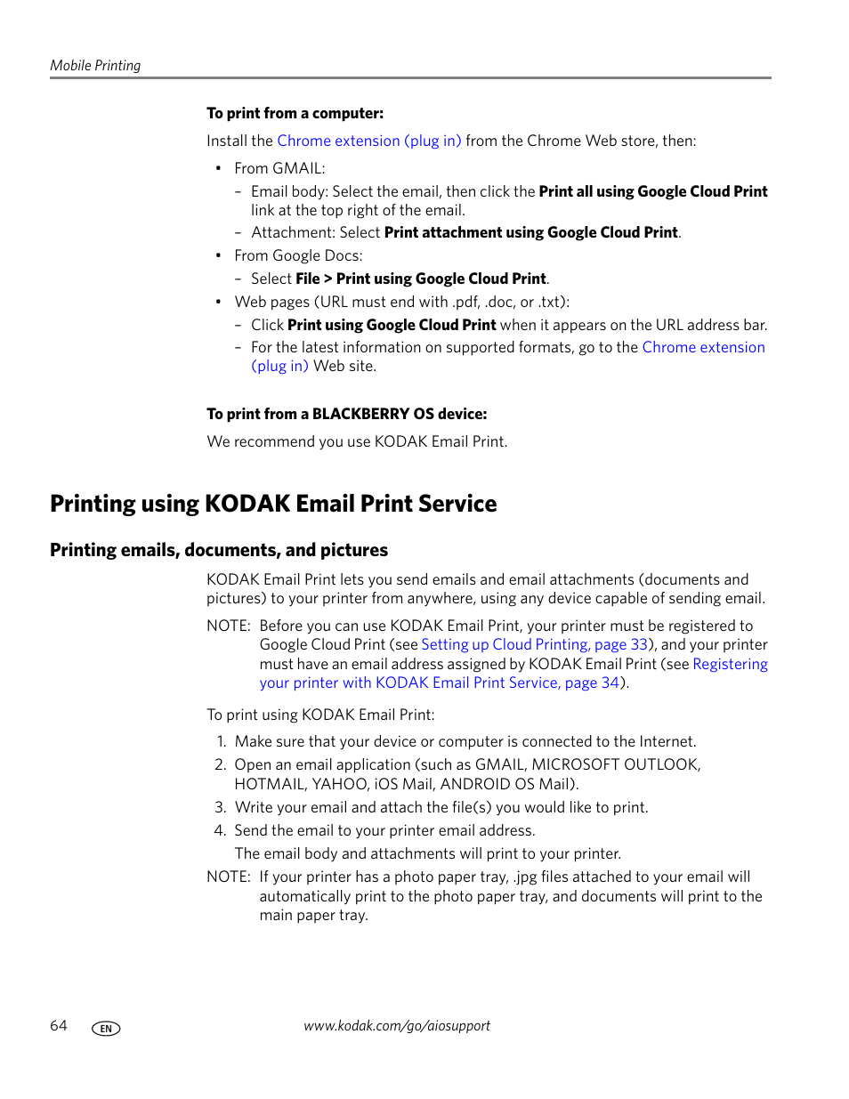 Printing using kodak email print service, Printing emails, documents, and pictures | Kodak HERO 7.1 User Manual | Page 70 / 127