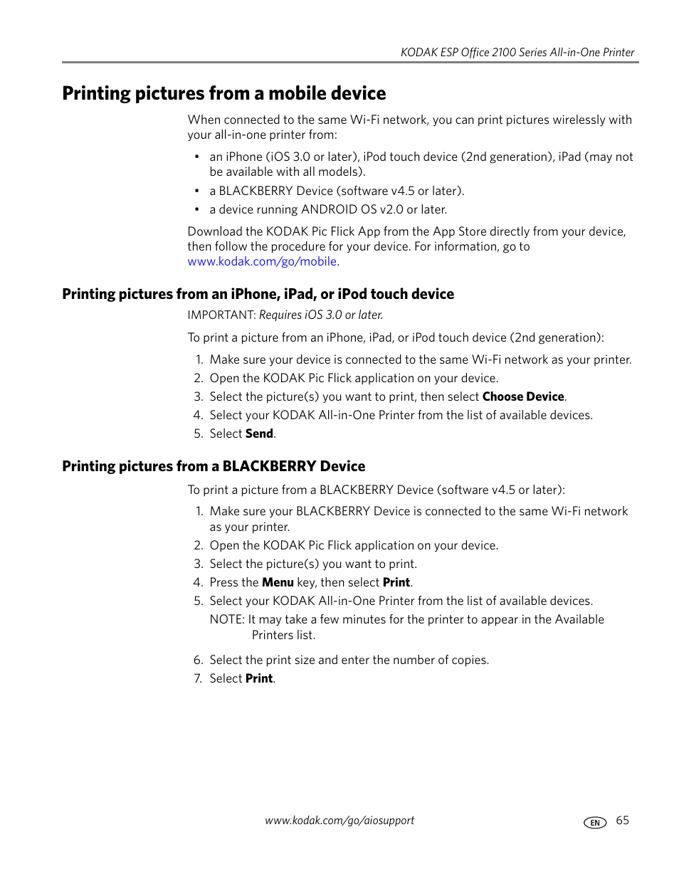 Printing pictures from a mobile device, Printing pictures from a blackberry device | Kodak HERO 7.1 User Manual | Page 71 / 127