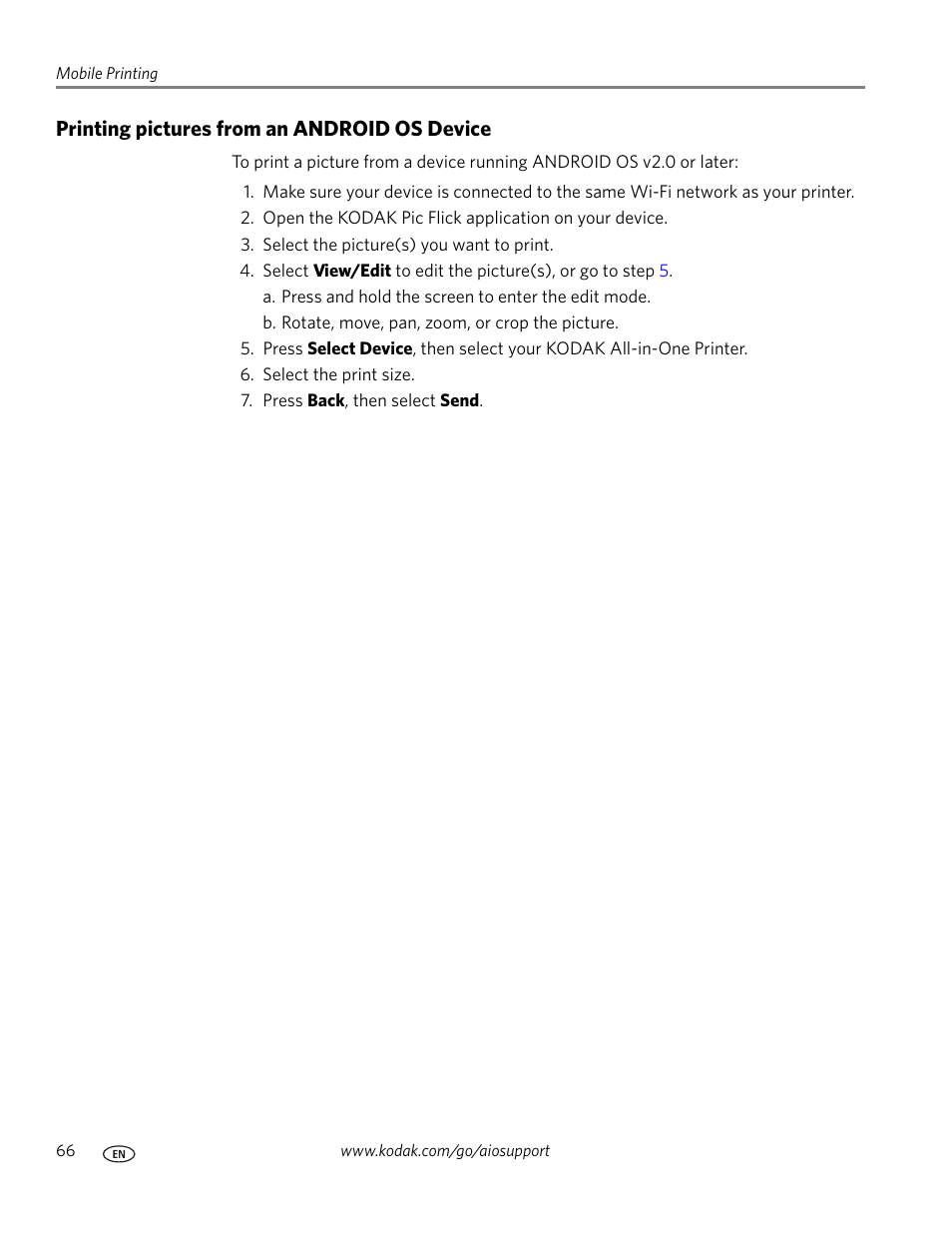 Printing pictures from an android os device | Kodak HERO 7.1 User Manual | Page 72 / 127