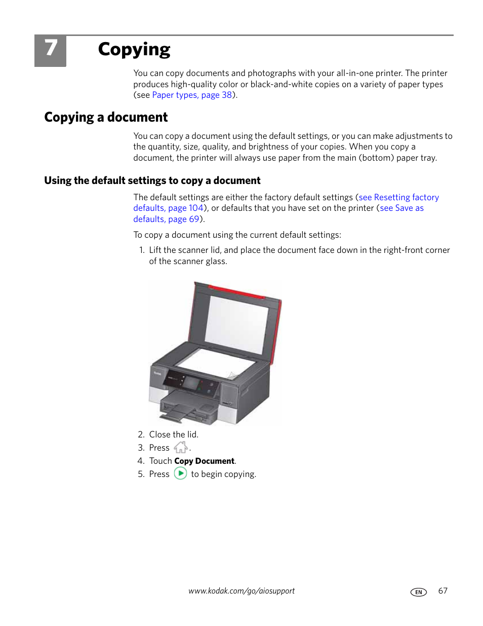 Copying, Copying a document, Using the default settings to copy a document | 7 copying | Kodak HERO 7.1 User Manual | Page 73 / 127