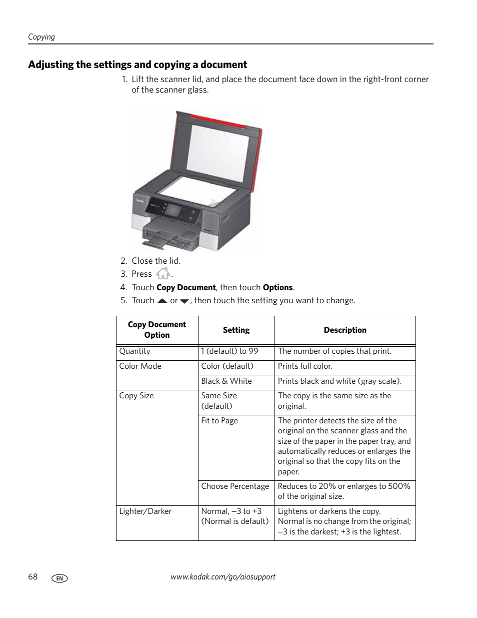 Adjusting the settings and copying a document | Kodak HERO 7.1 User Manual | Page 74 / 127