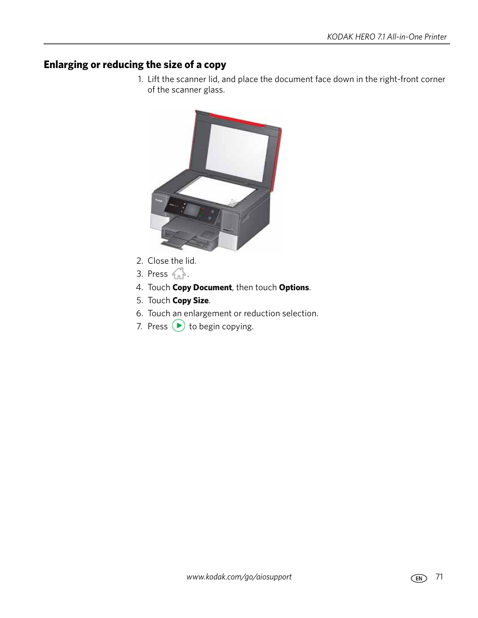 Enlarging or reducing the size of a copy | Kodak HERO 7.1 User Manual | Page 77 / 127