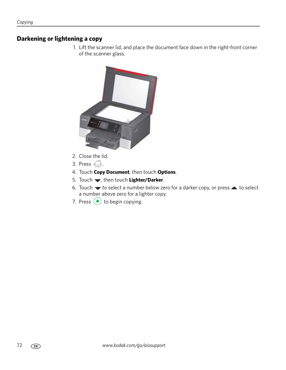 Darkening or lightening a copy | Kodak HERO 7.1 User Manual | Page 78 / 127