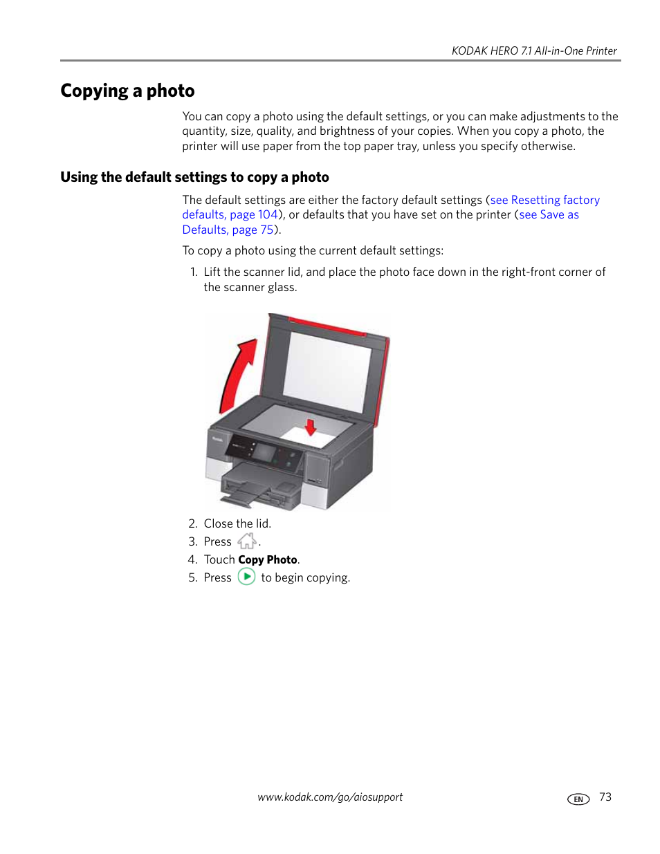 Copying a photo, Using the default settings to copy a photo | Kodak HERO 7.1 User Manual | Page 79 / 127