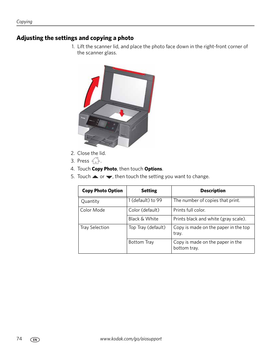 Adjusting the settings and copying a photo | Kodak HERO 7.1 User Manual | Page 80 / 127