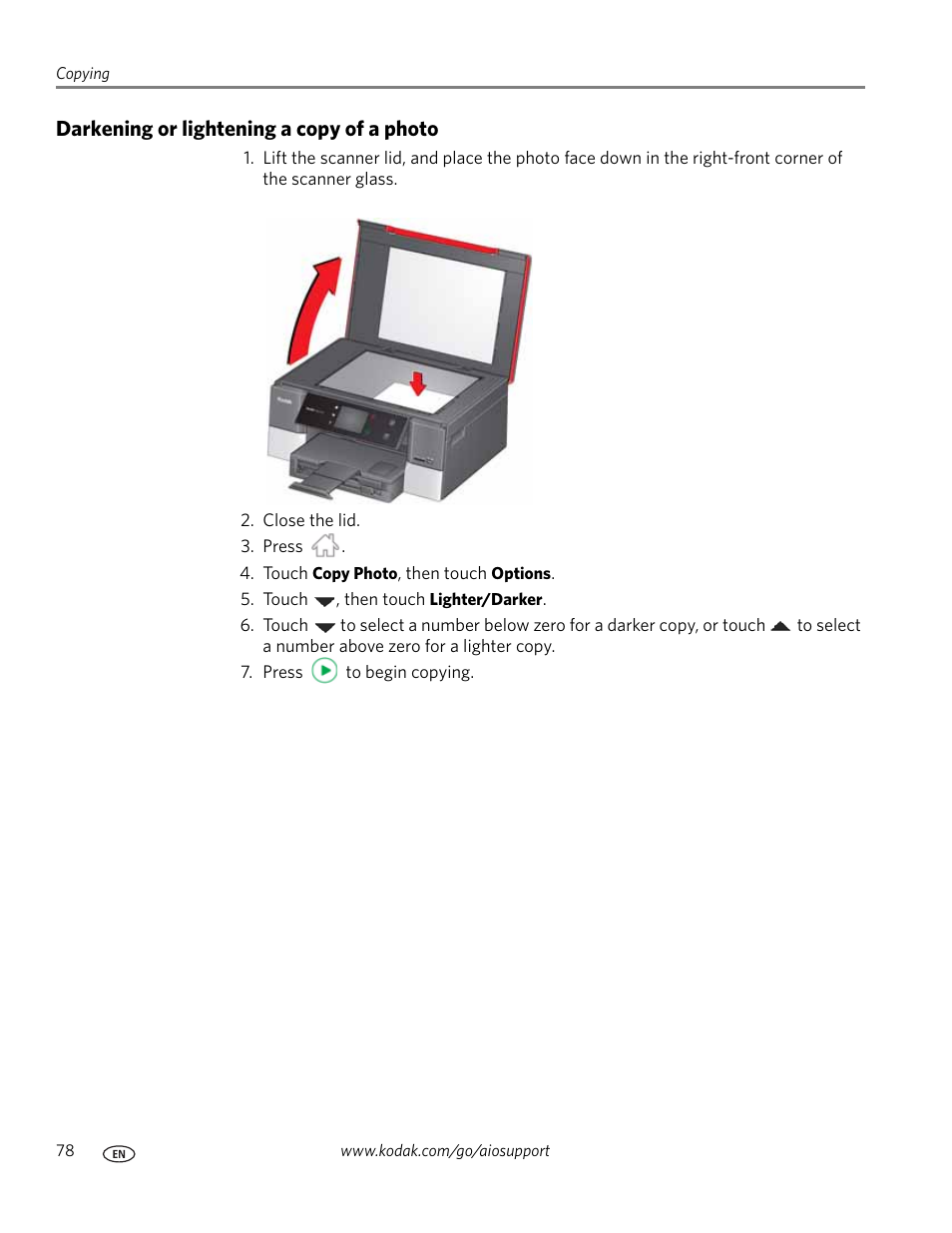 Darkening or lightening a copy of a photo | Kodak HERO 7.1 User Manual | Page 84 / 127