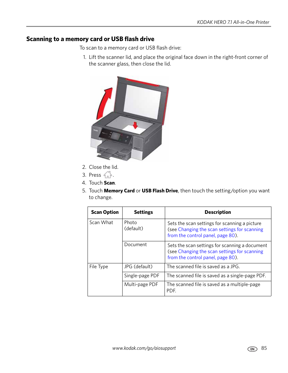 Scanning to a memory card or usb flash drive | Kodak HERO 7.1 User Manual | Page 91 / 127