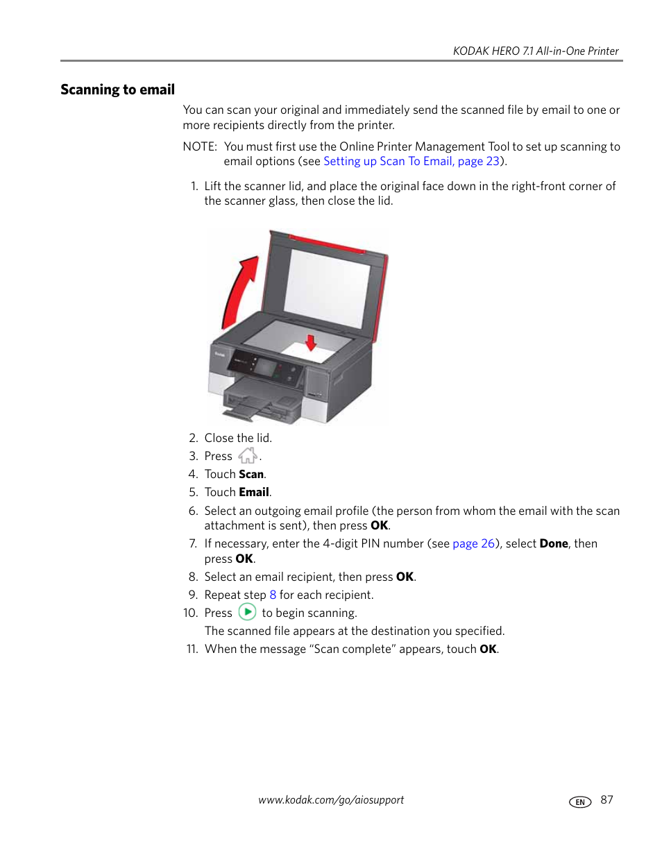 Scanning to email | Kodak HERO 7.1 User Manual | Page 93 / 127