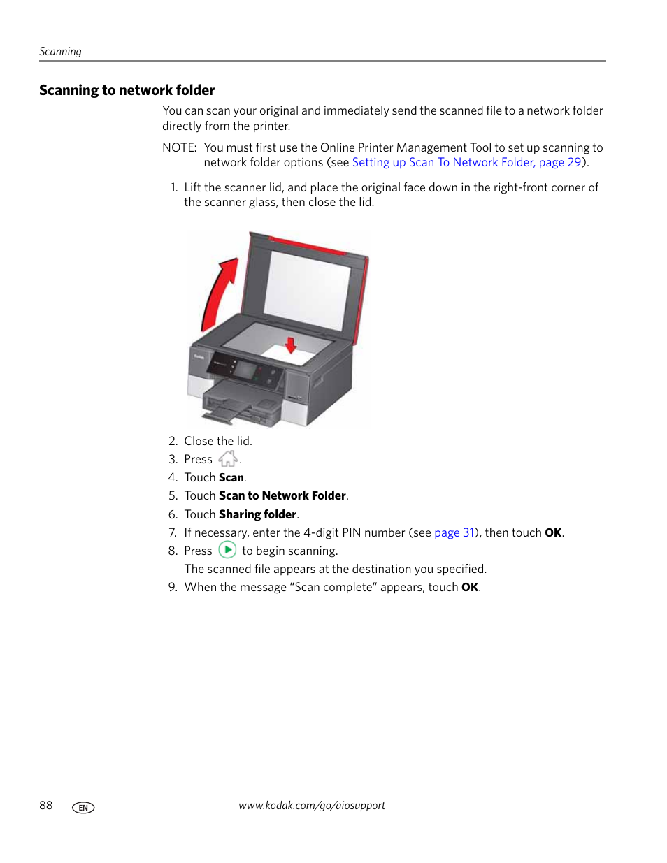 Scanning to network folder | Kodak HERO 7.1 User Manual | Page 94 / 127