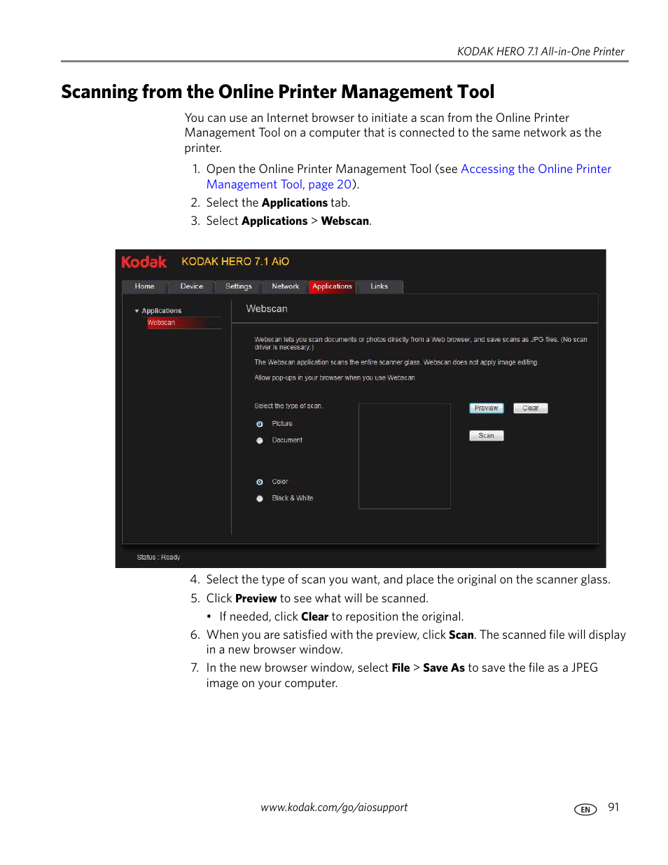 Scanning from the online printer management tool, Scanning | Kodak HERO 7.1 User Manual | Page 97 / 127