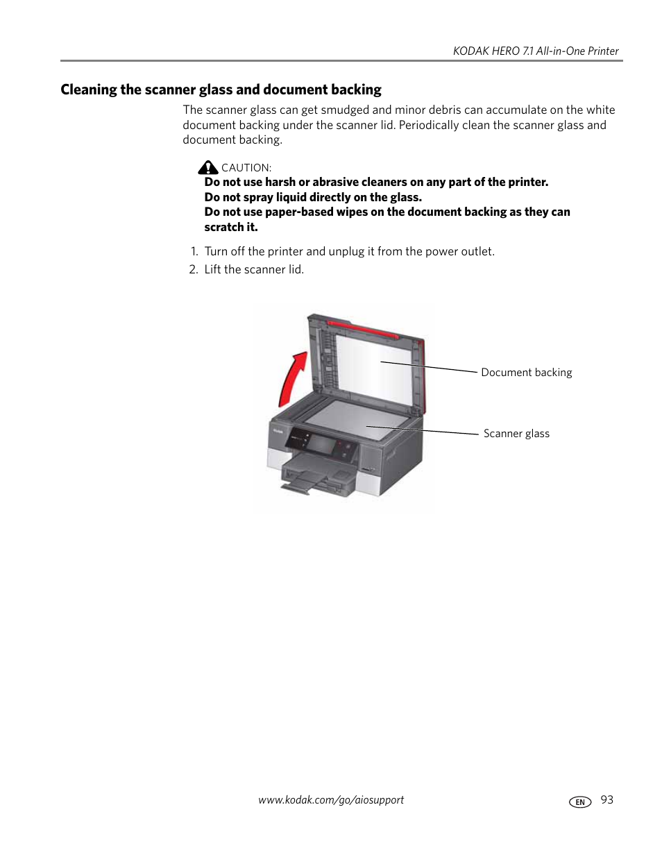 Cleaning the scanner glass and document backing | Kodak HERO 7.1 User Manual | Page 99 / 127