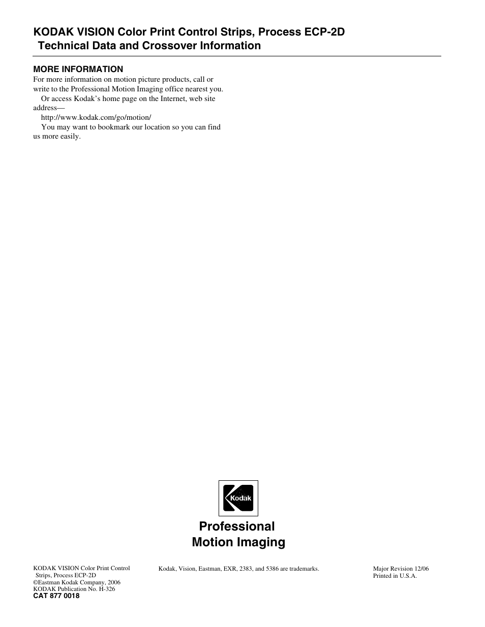 Professional motion imaging | Kodak VISION ECP-2D User Manual | Page 20 / 20