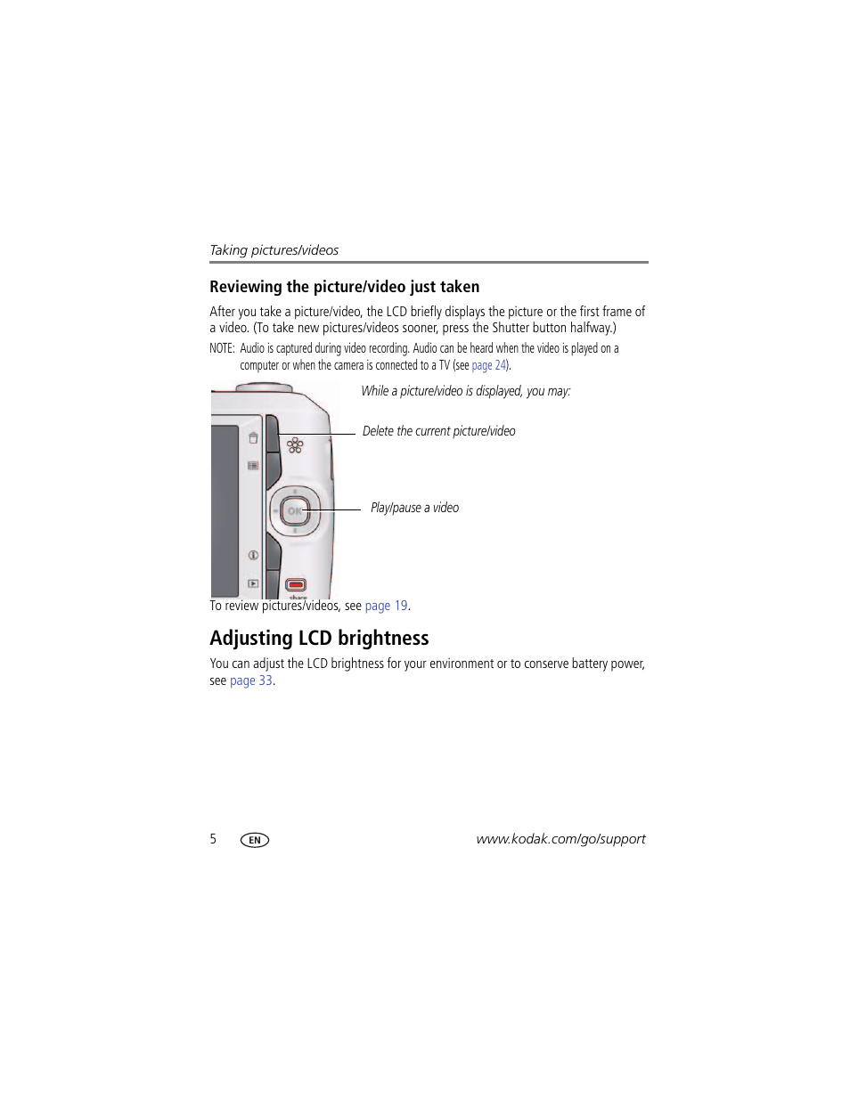 Reviewing the picture/video just taken, Adjusting lcd brightness | Kodak EASYSHARE CD153 User Manual | Page 12 / 65