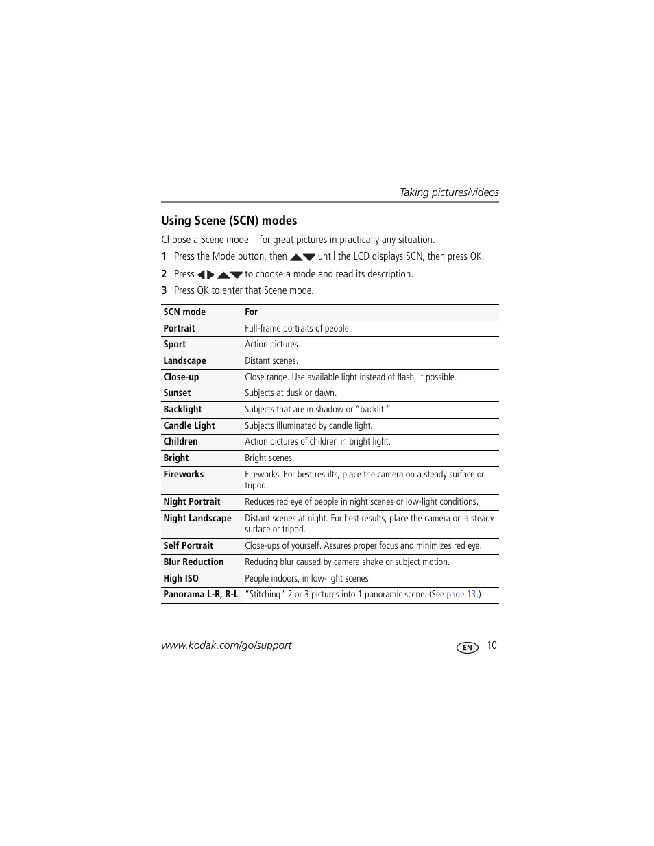 Using scene (scn) modes, Ation. (see | Kodak EASYSHARE CD153 User Manual | Page 17 / 65