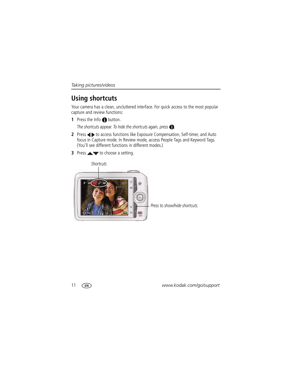 Using shortcuts | Kodak EASYSHARE CD153 User Manual | Page 18 / 65