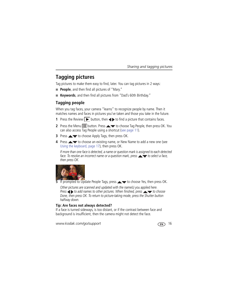 Tagging pictures, Tagging people | Kodak EASYSHARE CD153 User Manual | Page 23 / 65