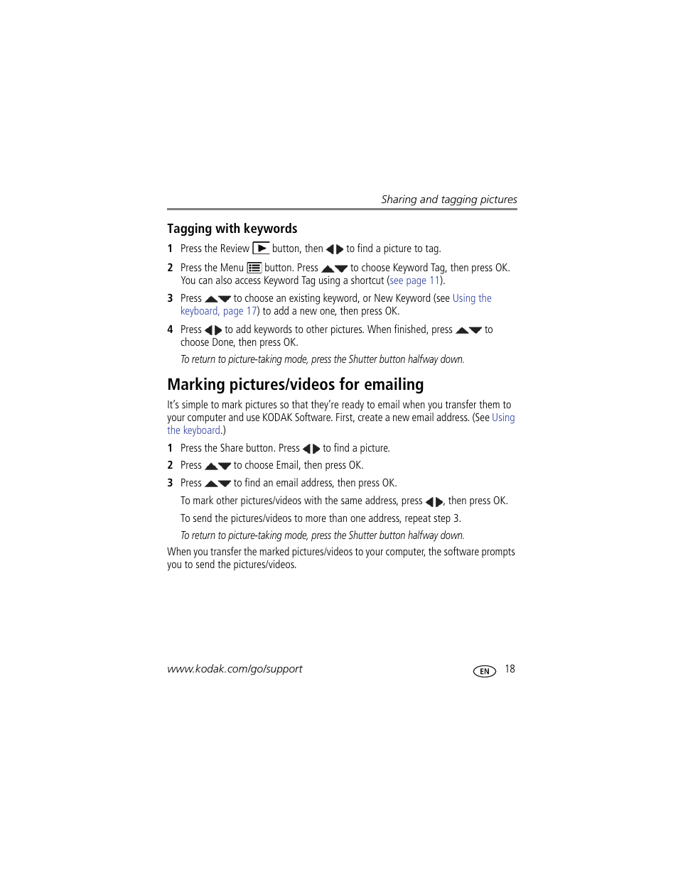 Tagging with keywords, Marking pictures/videos for emailing | Kodak EASYSHARE CD153 User Manual | Page 25 / 65