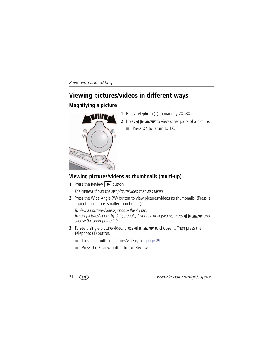 Viewing pictures/videos in different ways, Magnifying a picture, Viewing pictures/videos as thumbnails (multi-up) | Kodak EASYSHARE CD153 User Manual | Page 28 / 65