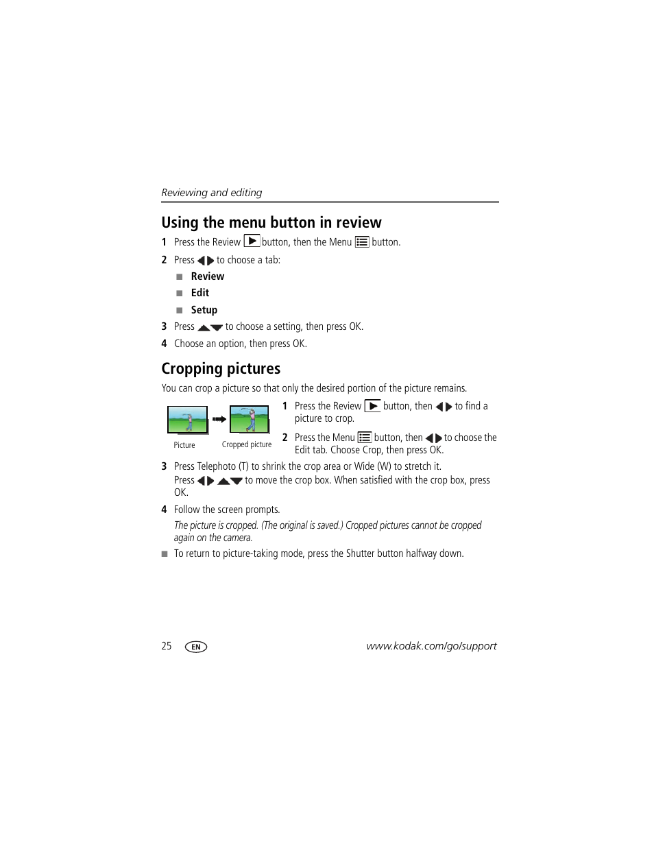 Using the menu button in review, Cropping pictures, Using the menu button in review cropping pictures | Kodak EASYSHARE CD153 User Manual | Page 32 / 65