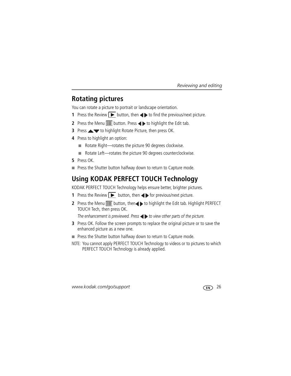 Rotating pictures, Using kodak perfect touch technology | Kodak EASYSHARE CD153 User Manual | Page 33 / 65