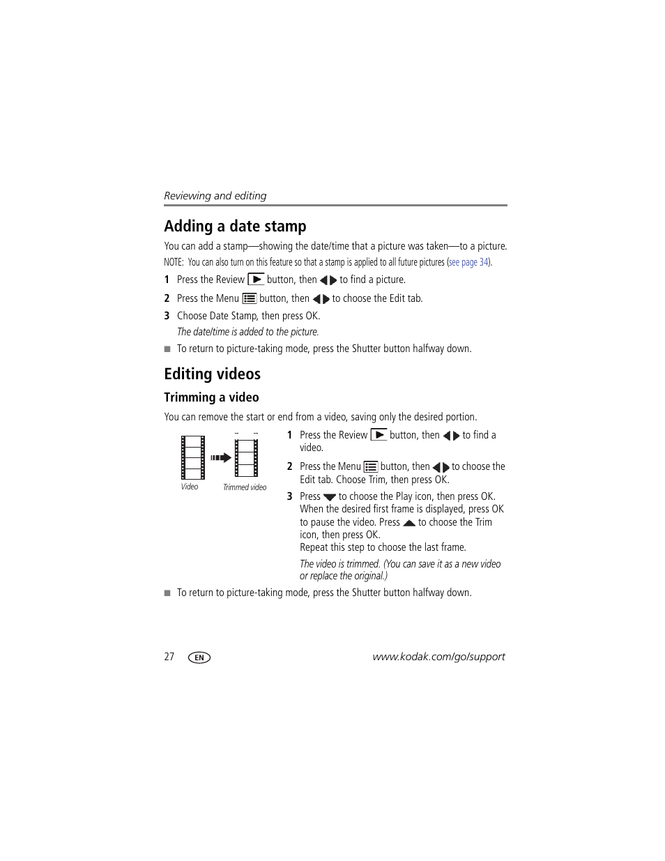 Adding a date stamp, Editing videos, Trimming a video | Adding a date stamp editing videos | Kodak EASYSHARE CD153 User Manual | Page 34 / 65