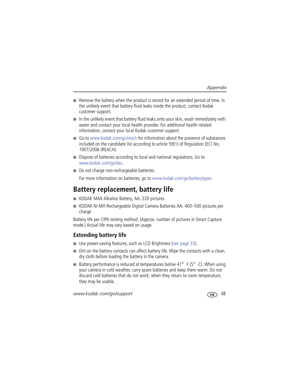 Battery replacement, battery life, Extending battery life, Alled | Kodak EASYSHARE CD153 User Manual | Page 55 / 65