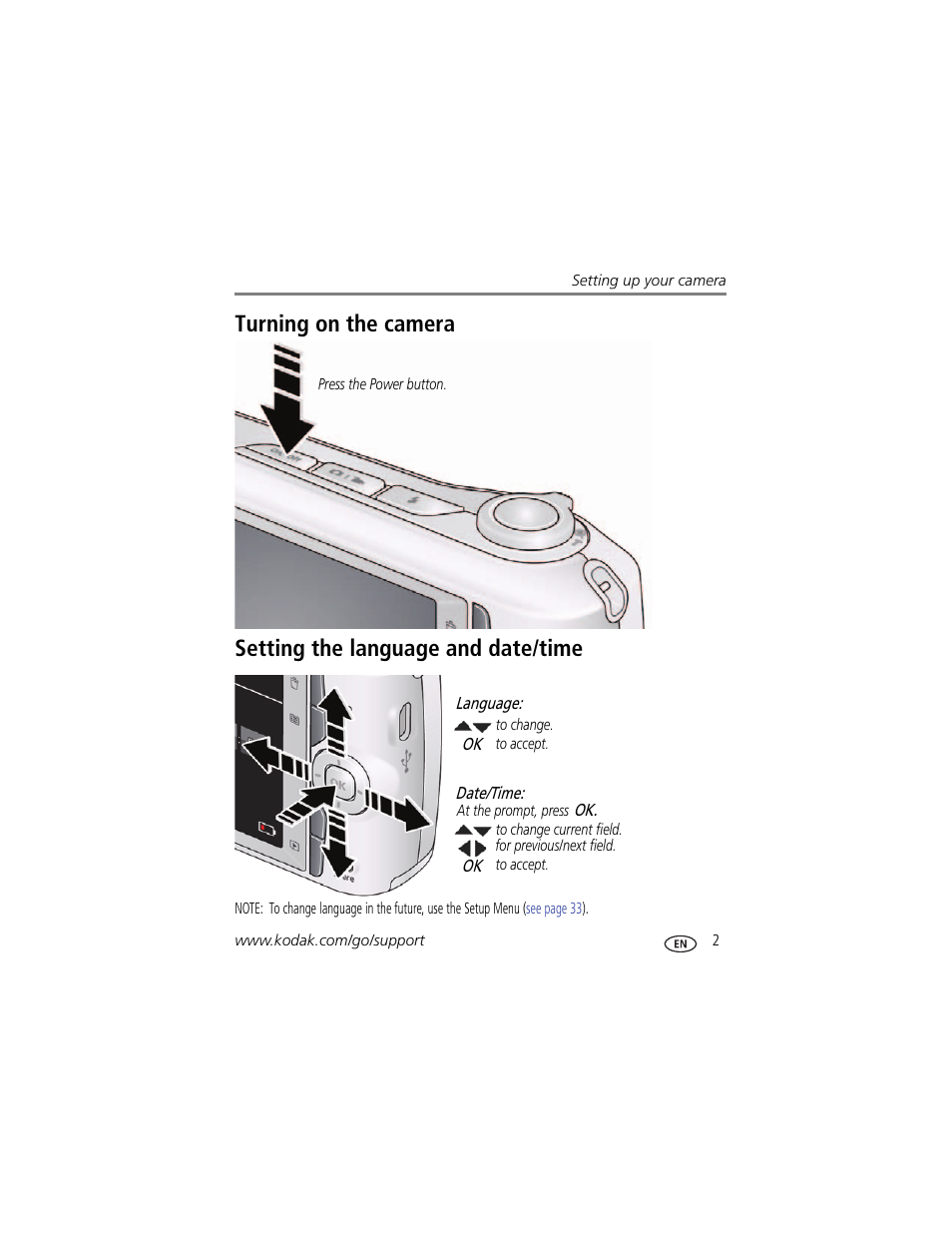 Turning on the camera, Setting the language and date/time | Kodak EASYSHARE CD153 User Manual | Page 9 / 65