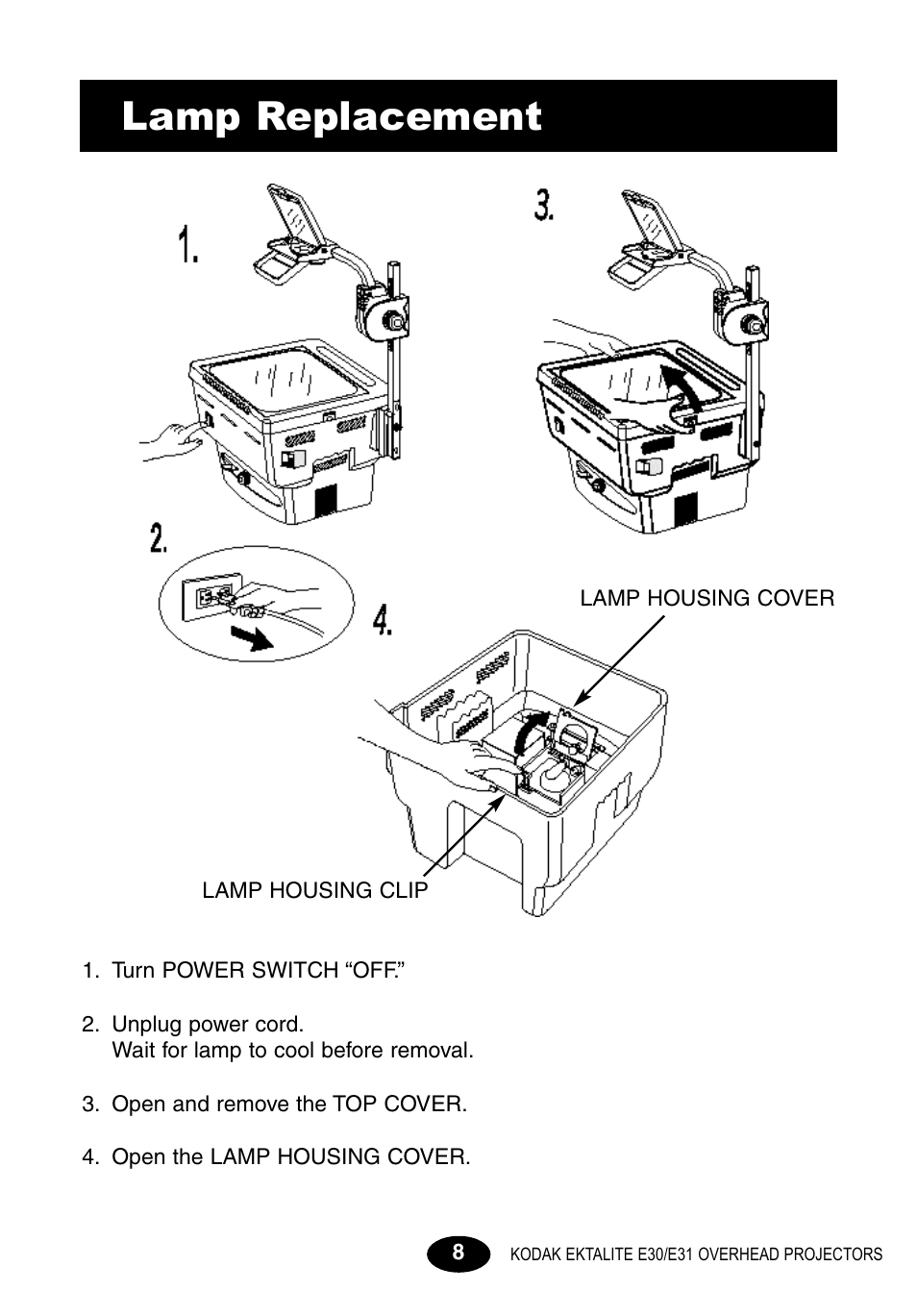 Lamp replacement | Kodak E30 User Manual | Page 10 / 52