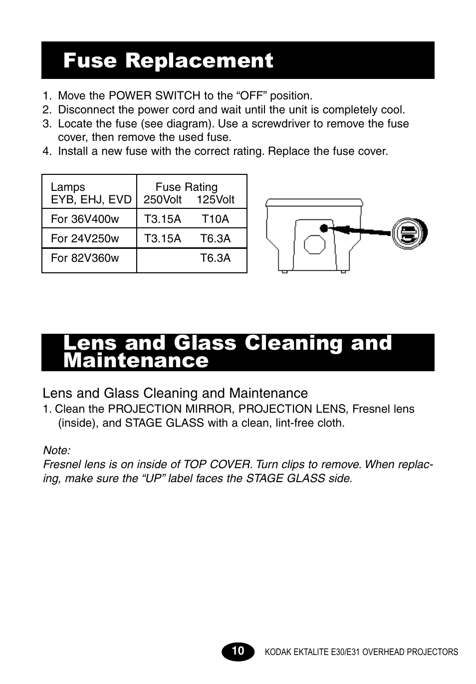 Fuse replacement, Cleaning, Lens and glass cleaning and maintenance | Kodak E30 User Manual | Page 12 / 52