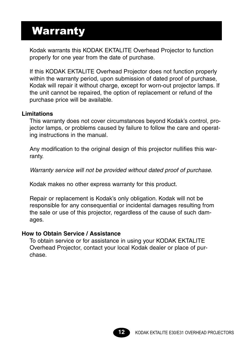 Warranty | Kodak E30 User Manual | Page 14 / 52