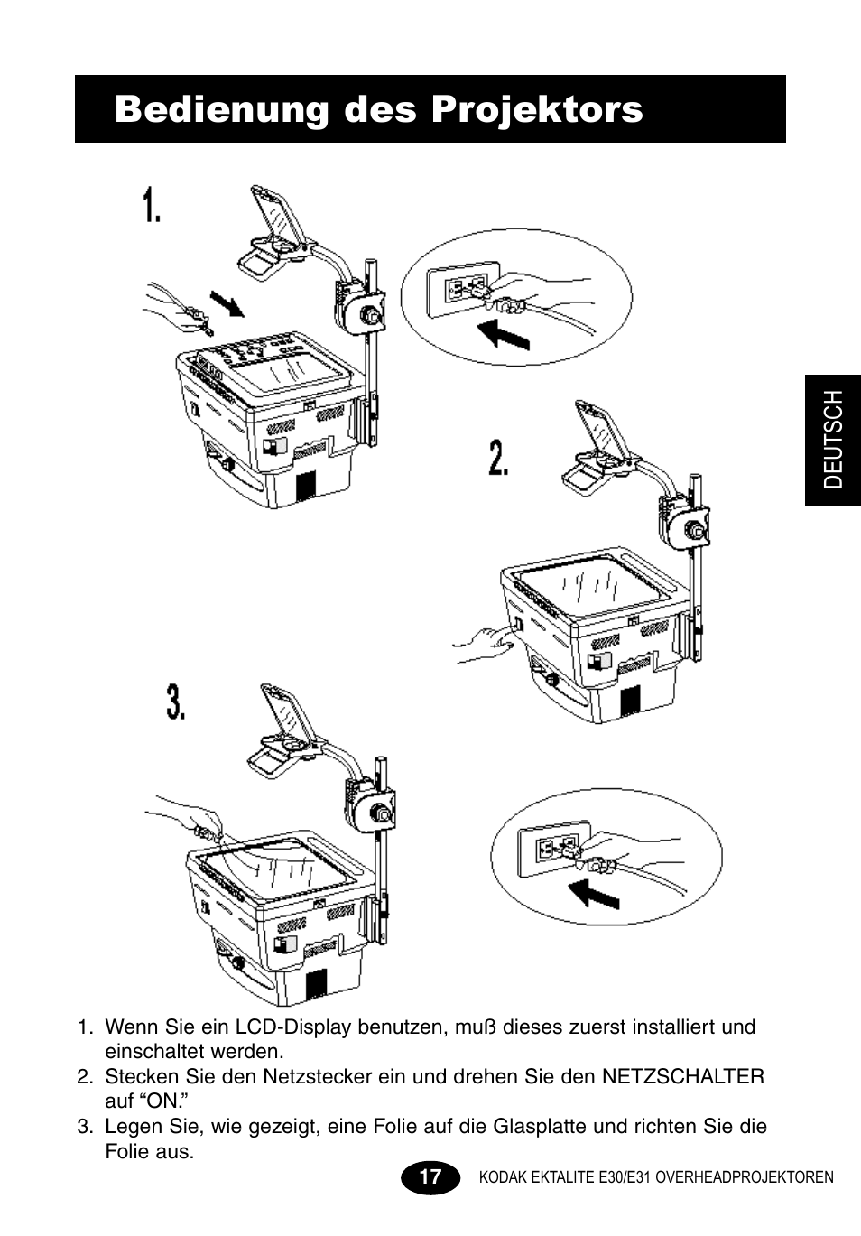 Bedienung des projektors -18, Bedienung des projektors | Kodak E30 User Manual | Page 19 / 52