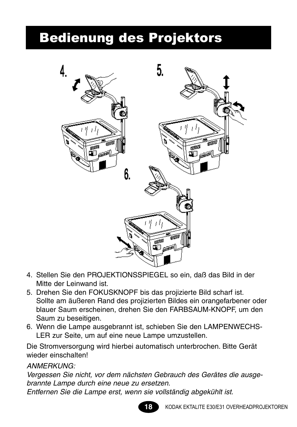 Bedienung des projektors | Kodak E30 User Manual | Page 20 / 52