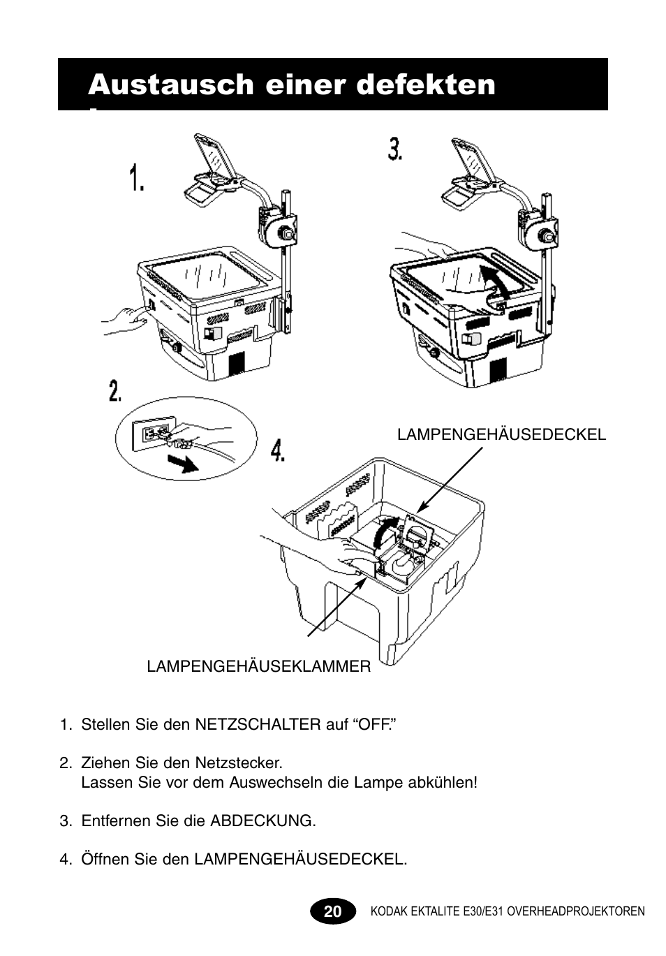 Austausch einer defekten lampe | Kodak E30 User Manual | Page 22 / 52