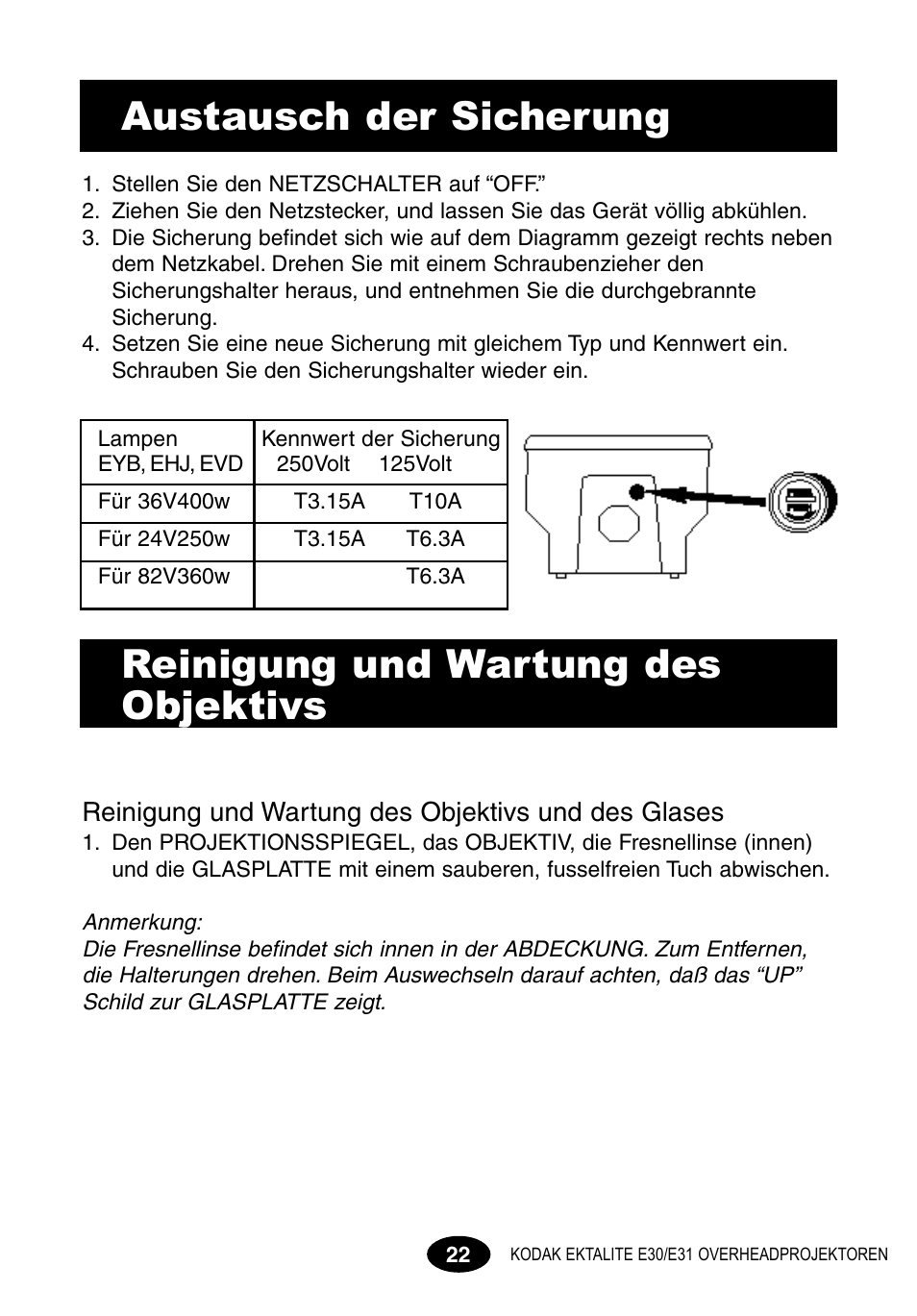 Austausch der sicherung, Reinigung, Reinigung und wartung des objektivs und des glases | Kodak E30 User Manual | Page 24 / 52