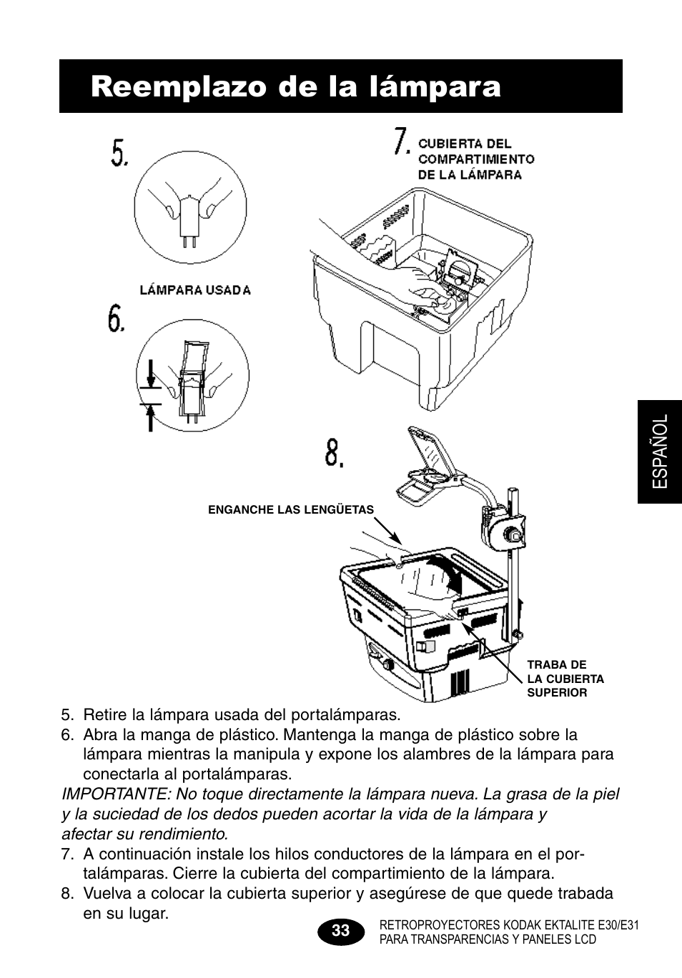 Reemplazo de la lámpara, Esp añol | Kodak E30 User Manual | Page 35 / 52