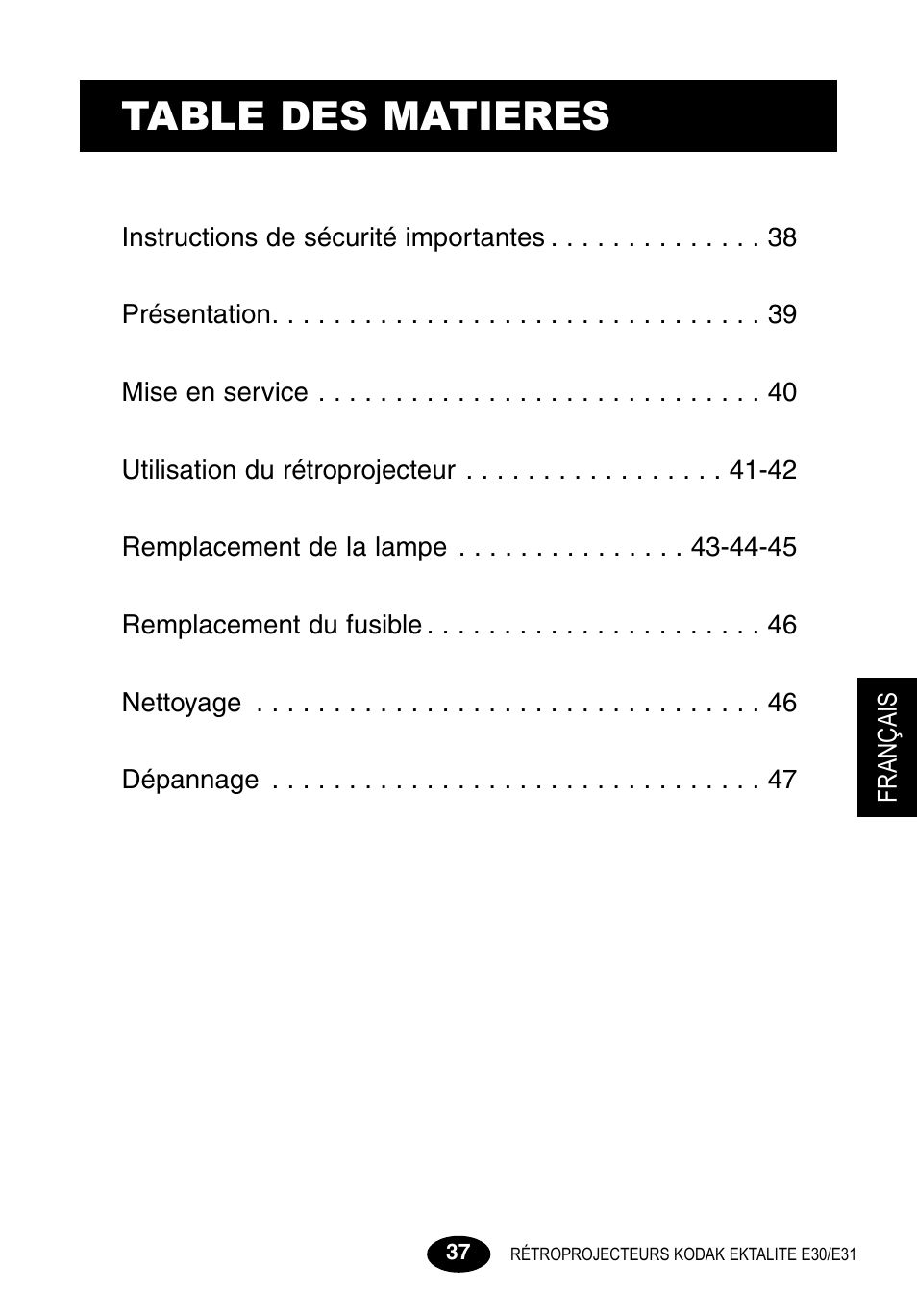 Francais, Table des matieres | Kodak E30 User Manual | Page 39 / 52