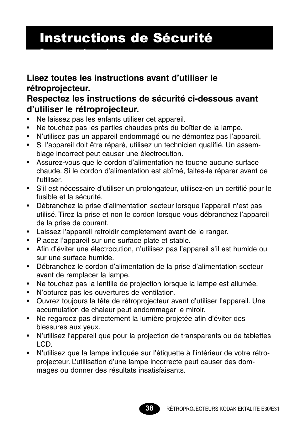 Instructions de sécurité importantes | Kodak E30 User Manual | Page 40 / 52