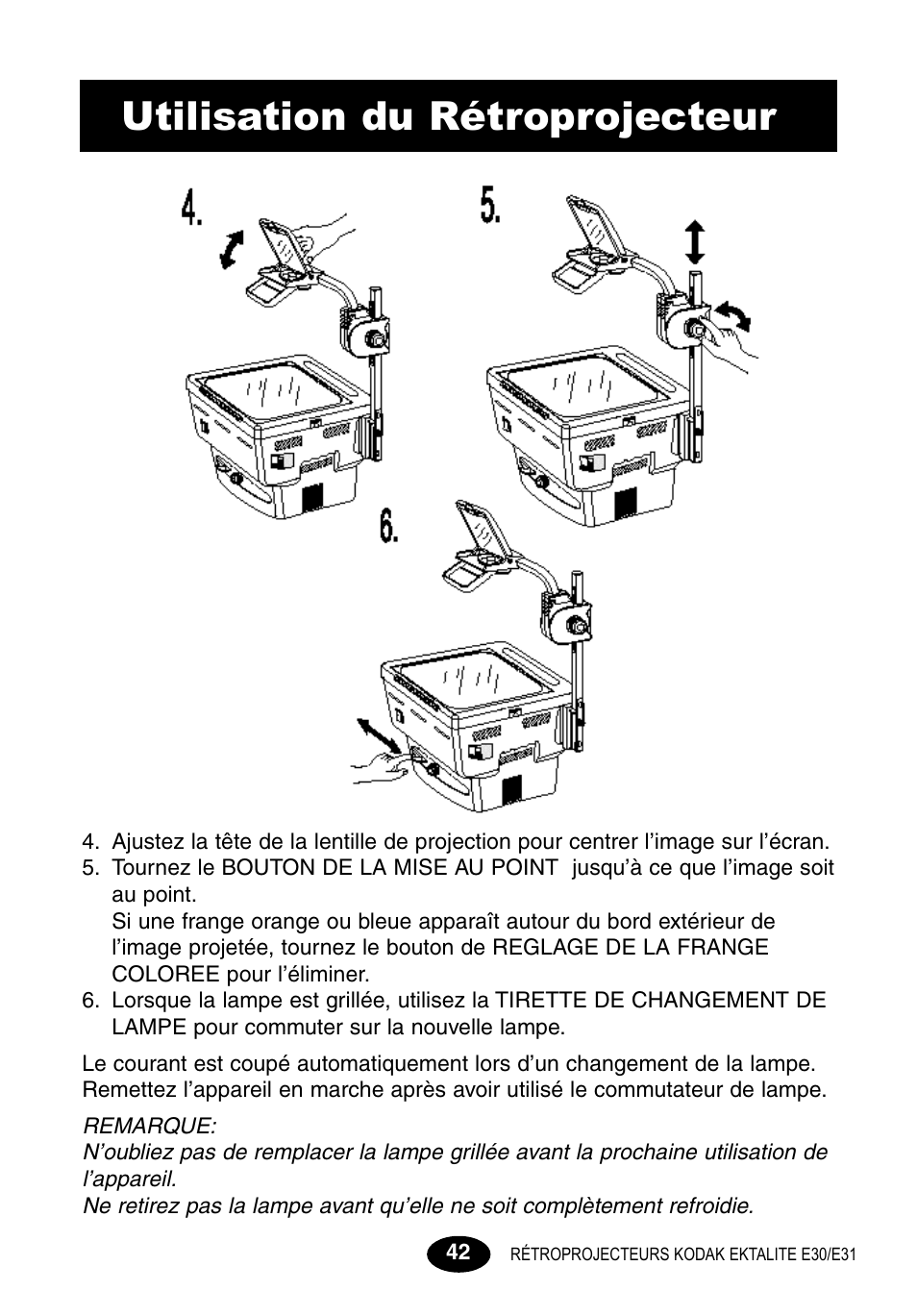 Utilisation du rétroprojecteur | Kodak E30 User Manual | Page 44 / 52