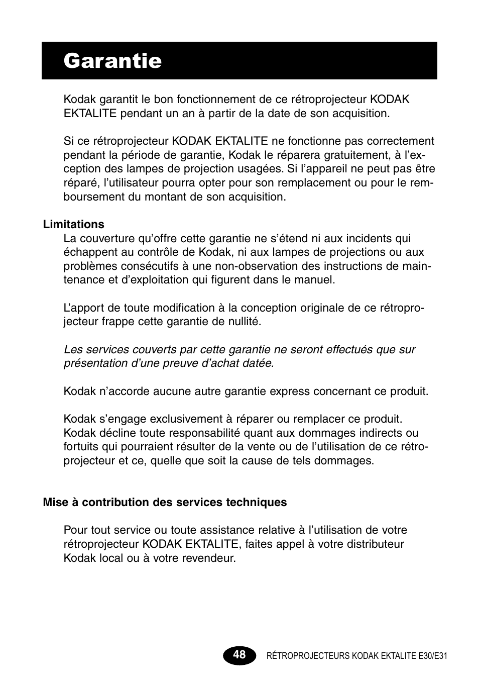 Garantie | Kodak E30 User Manual | Page 50 / 52