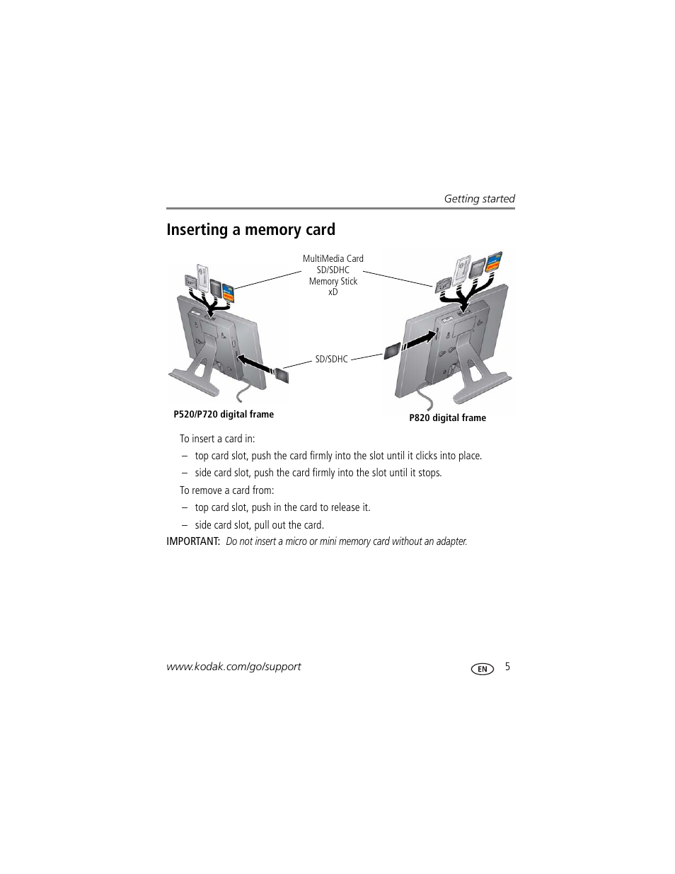 Inserting a memory card | Kodak P820 User Manual | Page 11 / 45