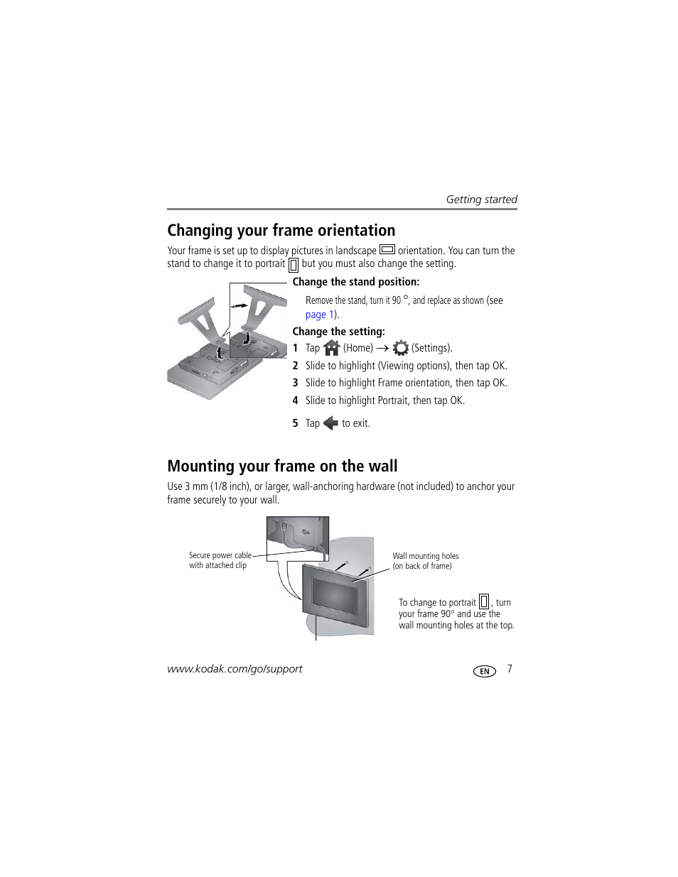 Changing your frame orientation, Mounting your frame on the wall, 3 (see | Kodak P820 User Manual | Page 13 / 45