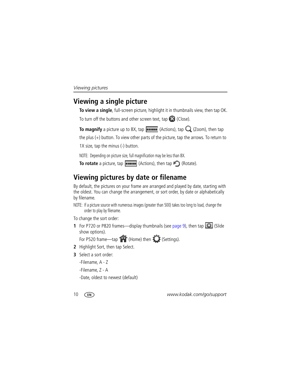 Viewing a single picture, Viewing pictures by date or filename | Kodak P820 User Manual | Page 16 / 45