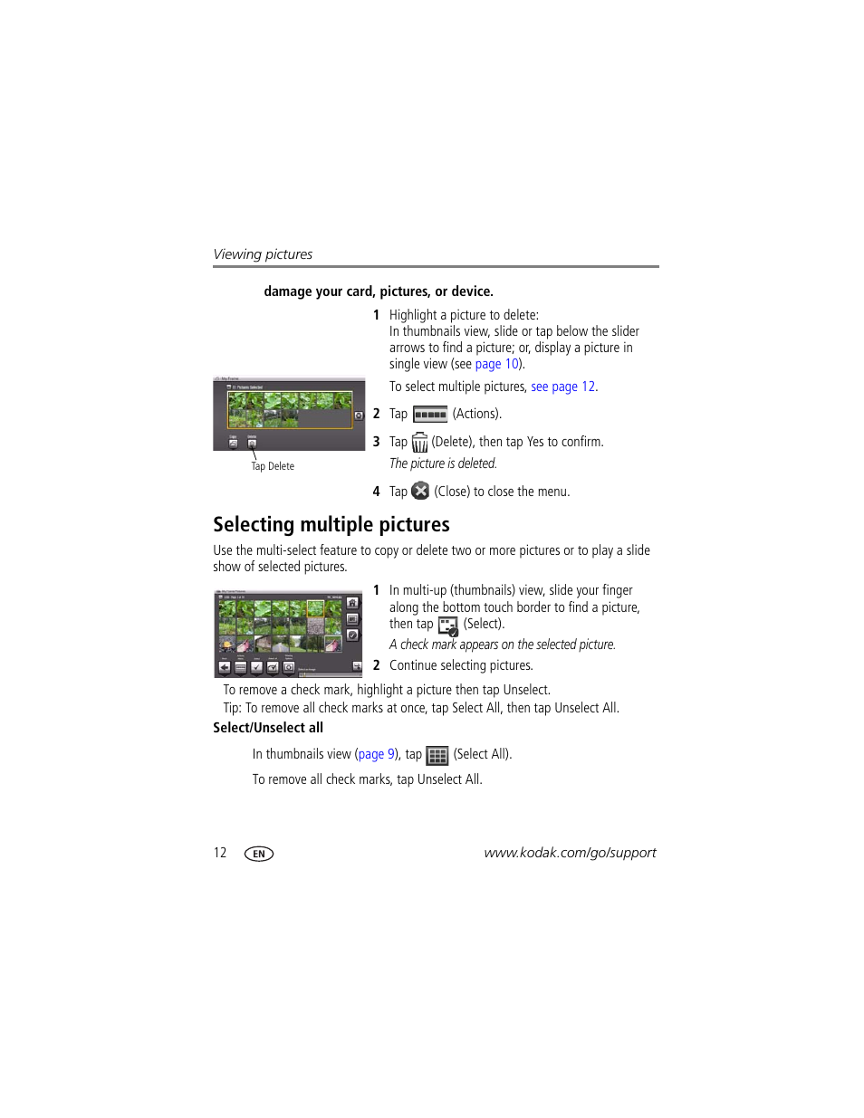 Selecting multiple pictures, Selecting multiple, Then tap | Kodak P820 User Manual | Page 18 / 45