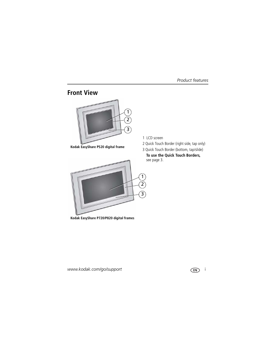 Product features, Front view | Kodak P820 User Manual | Page 3 / 45