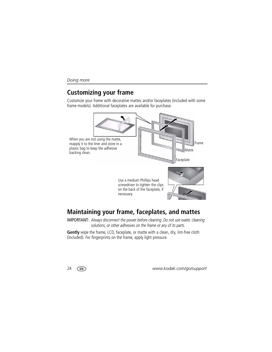 Customizing your frame, Maintaining your frame, faceplates, and mattes | Kodak P820 User Manual | Page 30 / 45